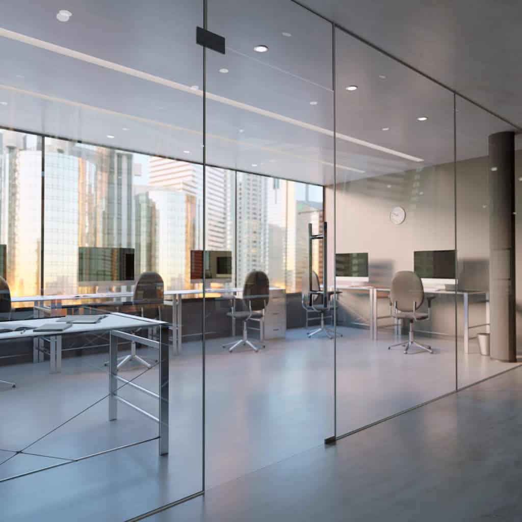 View of a Glass Office Room Wall Mockup - 3d rendering