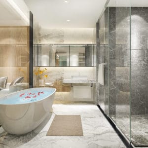 3d rendering classic modern bathroom with luxury tile decor