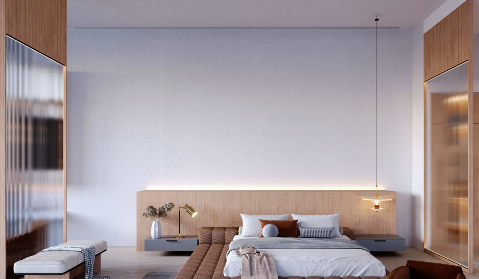3d rendering,3d illustration, Interior Scene and  Mockup,Bedroom bed upholstered in dark brown patterned leather, brown armchair, glass partition wall, wood grain border.