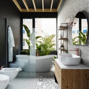 Corner of hotel bathroom with grey tiled walls, round mirror, white bath and large window. 3d rendering