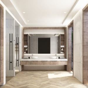 design-modern-contemporary-wood-bathroom-with-parquet-floor-white-marble-wall-with-built-mirror-counter-basin-with-toilet-outdoor-rain-shower-with-skylight-realistic-interior-3d-render