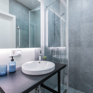 Interior of a small bathroom and shower in a modern style