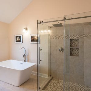 Modern bathroom with freestanding tub and shower