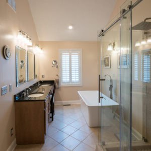 Modern bathroom with freestanding tub and vanity