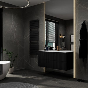 Modern gray bathroom interior with black furniture, bathtub and