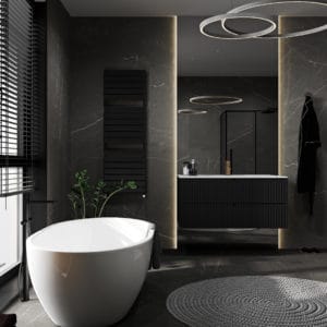 Stylish luxury black bathroom with black marble tile, bathtub, p