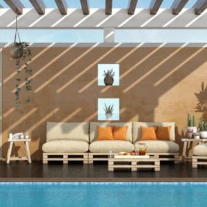 Garden of a summer house with pool and pallet sofa ubder pergola - 3d rendering