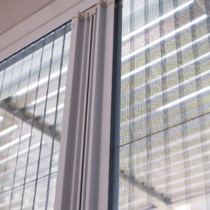House door with mosquito netting screen.