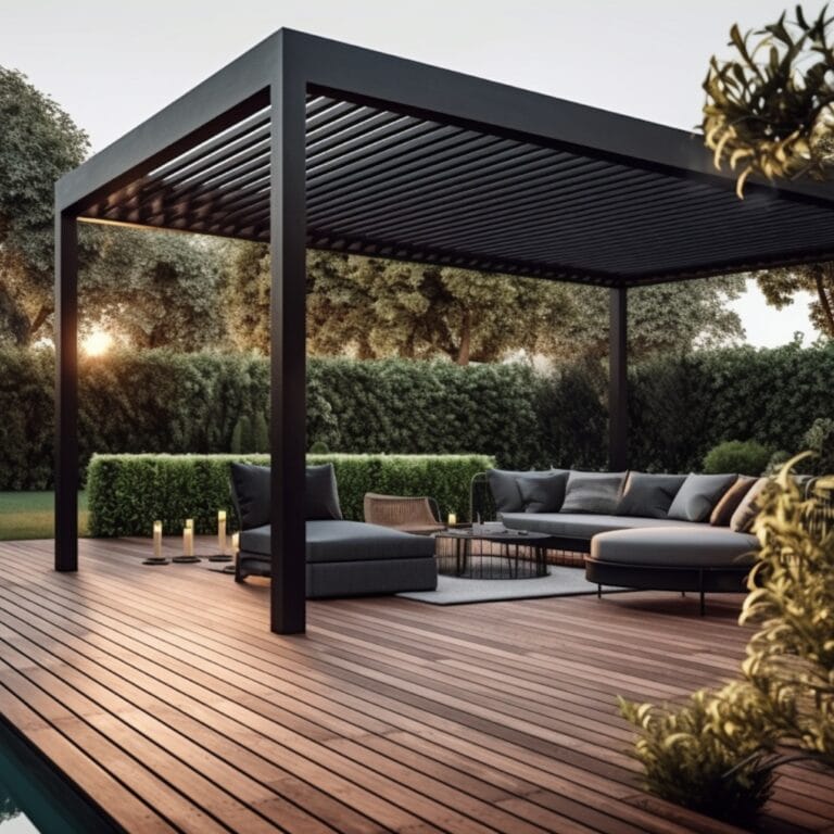 Luxury villa living room interior with swimming pool. Generative AI":
