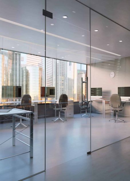 View of a Glass Office Room Wall Mockup - 3d rendering
