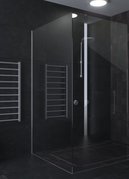 3d illustration. Modern glass shower room. Ceramic tile finishing. Home and interior. Glass doors. Decor and equipment